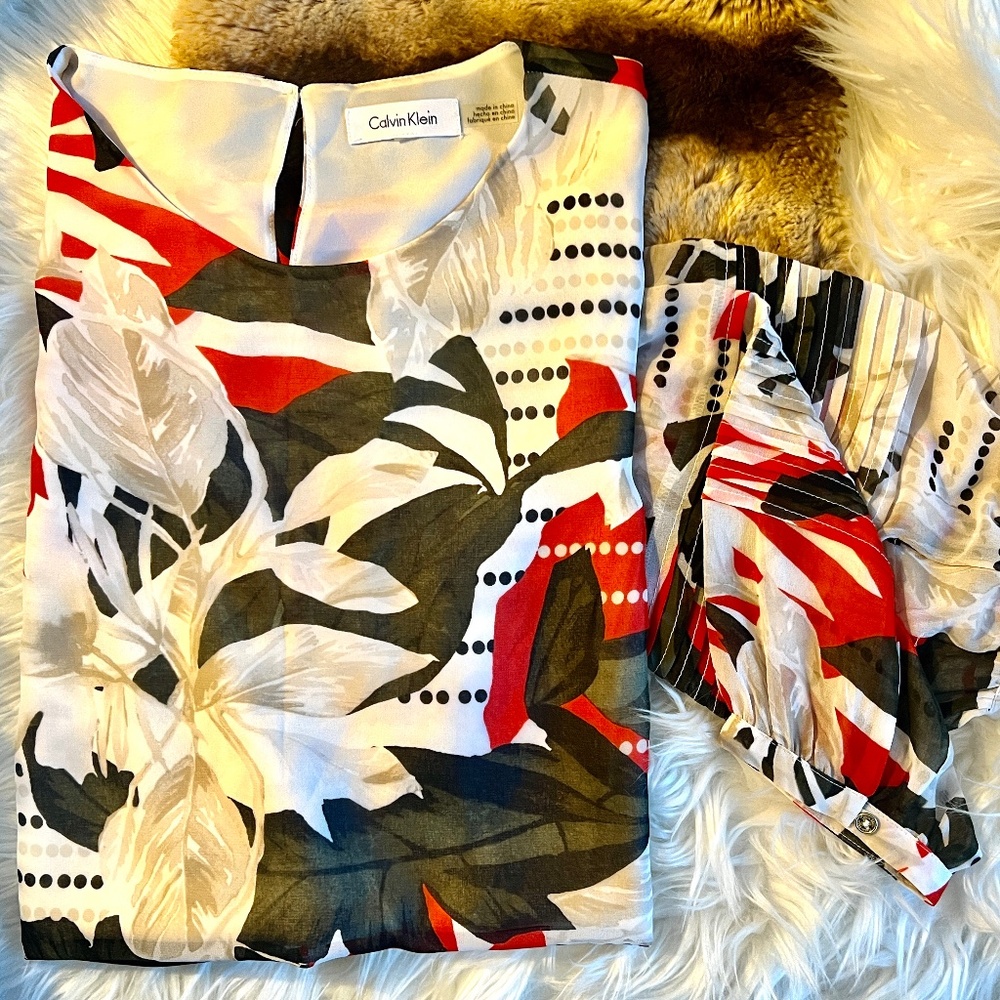 Calvin Klein Red and Black Floral Print Keyhole Blouse!